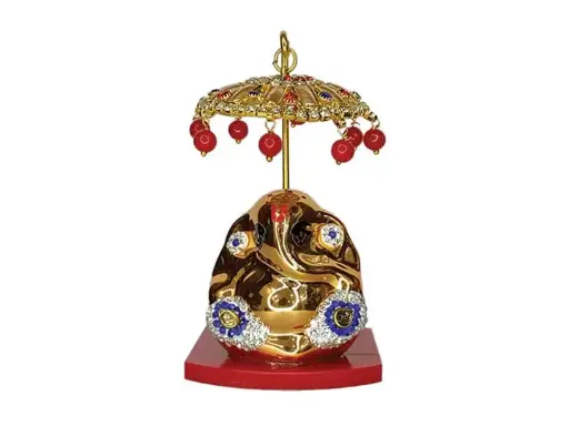 Ganesha Idol in Golden & Red Color with Umbrella for Car Dashboard 